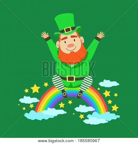 Cute cartoon dwarf Leprechaun sitting on a rainbow. Saint Patricks Day colorful character vector Illustration