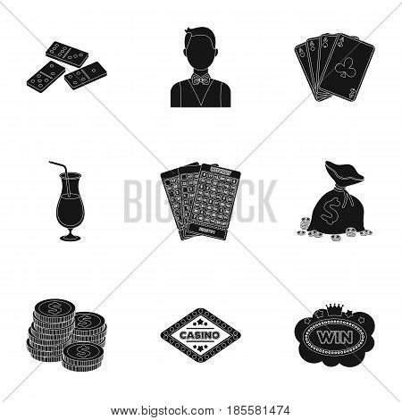 The set of symbols casino games. Gambling for money. Chips, dominoes, casino. Casino and gambling icon in set collection on black style vector symbol stock web illustration.