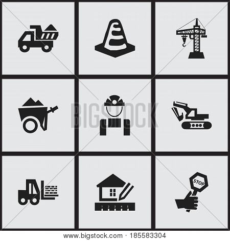 Set Of 9 Editable Building Icons. Includes Symbols Such As Employee, Excavation Machine, Elevator And More. Can Be Used For Web, Mobile, UI And Infographic Design.
