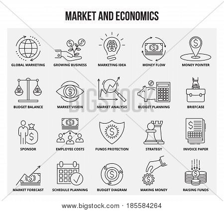 Vector set of thin line icons of market and economics. Mono line pictograms and infographics design elements.