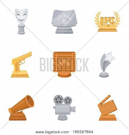 A set of awards for the movie viewings. Gold, silver and bronze awards to the Director, the actor. Moovie awards icon in set collection on cartoon style vector symbol stock web illustration.