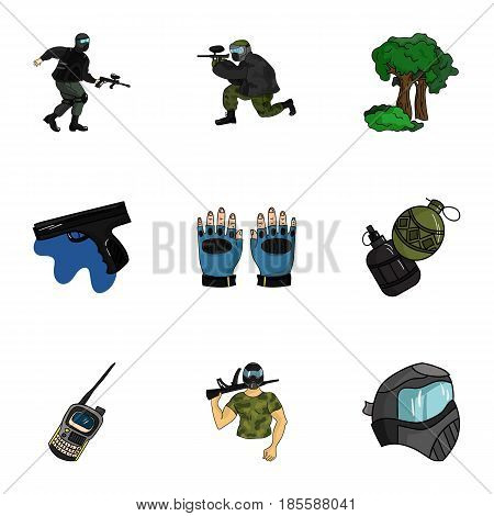 A collection of pictures about the game in paintball. The balloons with paint.Paintball icon in set collection on cartoon style vector symbol stock web illustration.