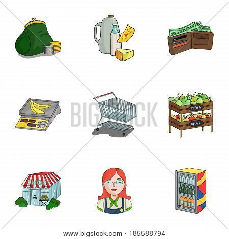 Supermarket, shopping in the store. A selection of pictures on the topic of shopping.Supermarket icon in set collection on cartoon style vector symbol stock web illustration.