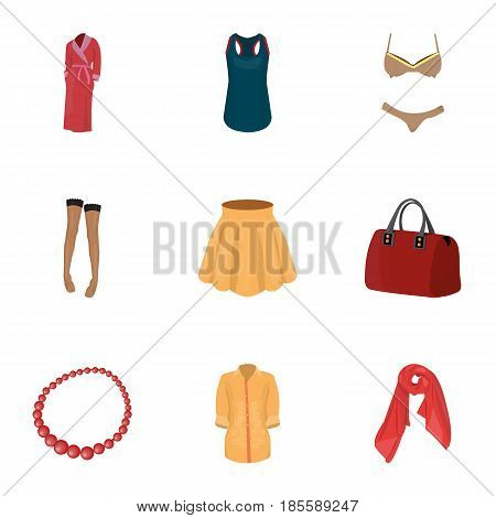 Pictures about types of women's clothing. Outerwear and underwear for women and girls. Woman clothes icon in set collection on cartoon style vector symbol stock web illustration.