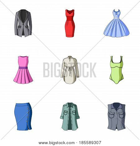 Collection of icons of womens clothing. Various women's clothes for work, walking, sports. Women clothing icon in set collection on cartoon style vector symbol stock web illustration.