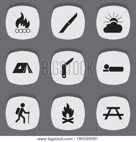 Set Of 9 Editable Camping Icons. Includes Symbols Such As Desk, Blaze, Clasp-Knife And More. Can Be Used For Web, Mobile, UI And Infographic Design.