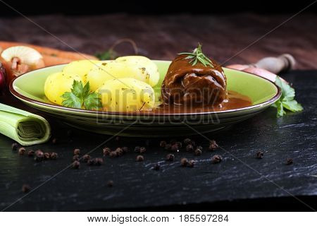 Tasty Roulades Beef On Plate With Potato, Sauce, Close Up. Beef Roll, Wrap Of Slice Of Beef
