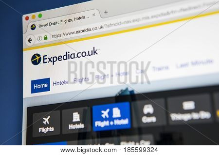 LONDON UK - APRIL 15TH 2017: The homepage of the official website for Expedia an online travel and booking website on 15th April 2017.