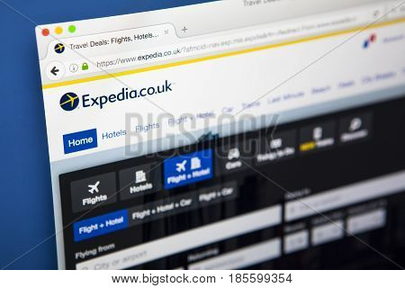 LONDON UK - APRIL 15TH 2017: The homepage of the official website for Expedia an online travel and booking website on 15th April 2017.