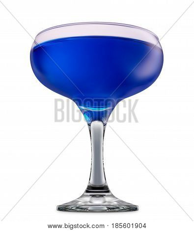 fresh fruit alcohol cocktail or mocktail in margarita glass with blue beverage isolated on white background