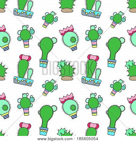 Blooming cactus vector seamless pattern on white background. Green plants pattern tile. Cacti flowerpot pattern for textile or wrapping paper. Cactus doodle background. Succulent texture paper print