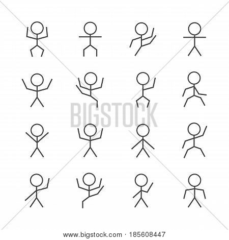 Set of stick figures from thin line black mens silhouettes on a white background in various poses and positions the icons people vector illustration.