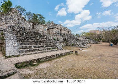 Structure 17, also known as The Twins in Ek Balam, the Mayan Archaeological Site. Maya Ruins, Yucatan Peninsula, Mexico