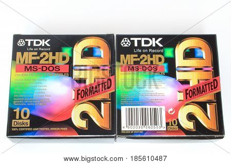 Russia Izhevsk - April 26 2017:Group of colored floppy disks on the white background. Retro style.
