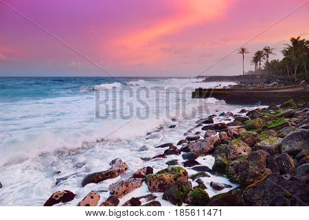 Beautiful Pink Tinted Waves Breaking On A Rocky Beach At Sunrise On East Coast Of Big Island Of Hawa