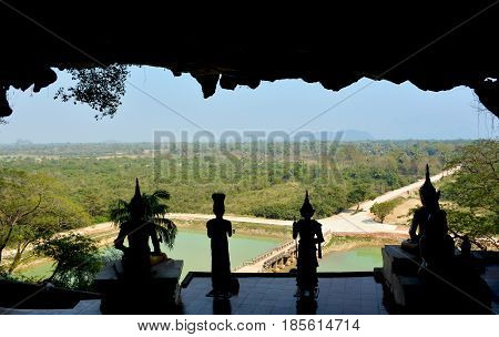 View from terrace of Yathaypyan Cave to the surrounding spaces. Kayin State Hpa-An Myanmar.