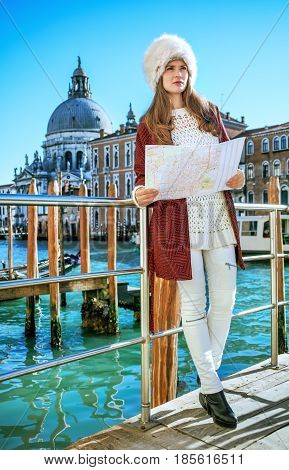 Tourist Woman On Embankment In Venice Exploring Attractions