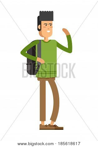 Vector detailed character people, character young man or sudent with book, male character in casual clothing style. Creative boy isolated on white background