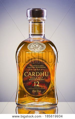 Cardhu  whisky on gradient background. Cardhu is single malt scotch whisky produced in Speyside distillery near Archiestown, Moray, Scotland, founded in 1824.