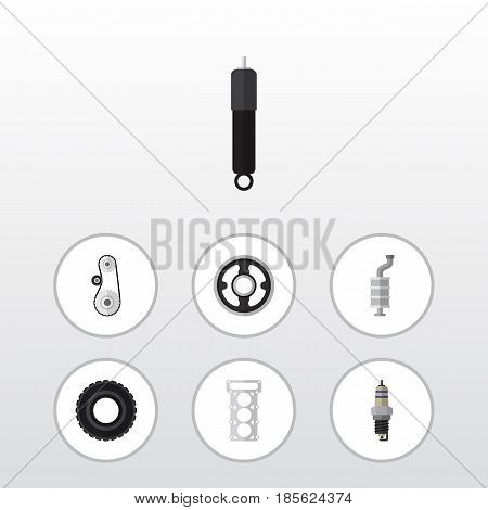 Flat Parts Set Of Wheel, Cambelt, Silencer And Other Vector Objects. Also Includes Pulley, Wheel, Muffler Elements.