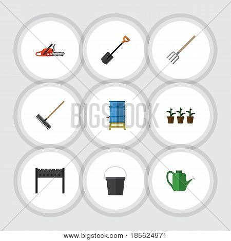 Flat Dacha Set Of Harrow, Barbecue, Container And Other Vector Objects. Also Includes Watering, Fork, Harrow Elements.
