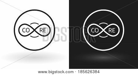 Creative core icon using the sign of infinity in white and black version. Can be used in digital innovation, marketing, programming, management, and also for infographics