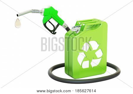 jerrycan with bio fuel and gas pump nozzle 3D rendering isolated on white background