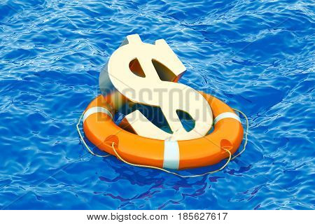 Lifebuoy with golden dollar symbol on the open sea 3D rendering