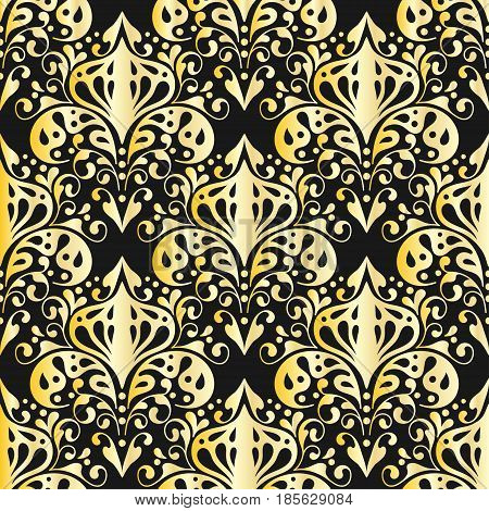 Vector seamless pattern with golden ornament. Vintage element for design in Victorian style. Ornamental lace tracery. Ornate floral decor for wallpaper. Endless texture. Bright pattern fill.