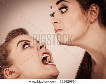 Two agressive women having argue fight being mad at each other. Female violance concept.