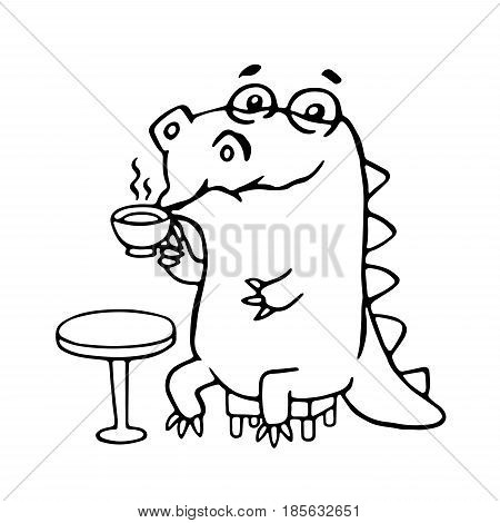 Cute dinosaur in cafe. Vector illustration. Funny cartoon character.