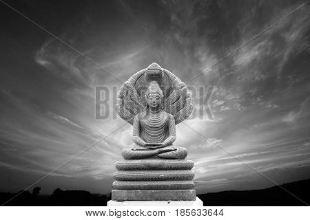 Black and white view Outdoor beautiful stone Buddha Image covered with seven heads of Naka (Great Snake) and panorama view of evening sky at Wat Phuket Nan Thailand.