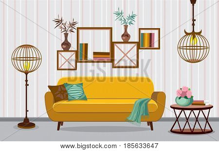 Interior living room. Vector illustration in flat design with shadows. House furniture. Cartoon background. Interior with ethnic motif