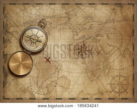 adventure and explore with old nautical world map 3d illustration (map elements are furnished by NASA)