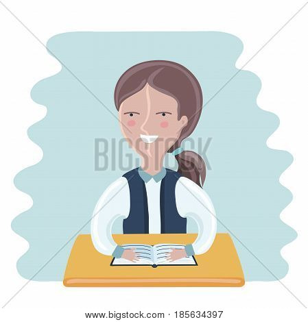 Cartoon funny vector illustration of schoolgirl sitting at the desk