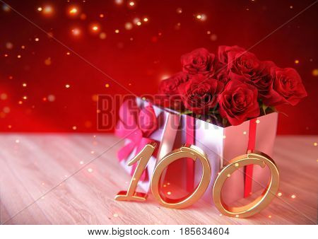birthday concept with red roses in gift on wooden desk. 3D render - hundredth birthday. 100th