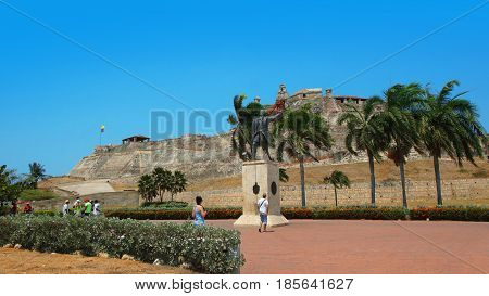 Cartagena de Indias, Bolivar / Colombia - April 10 2016: Monument to Blas de Lezo next to the Castillo San Felipe de Barajas. Spanish admiral famous for commanding the defense of Cartagena in 1741