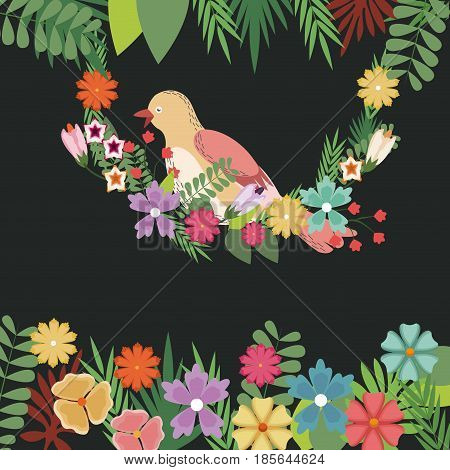 bird flowers spring greeting card dark blackground vector illustration
