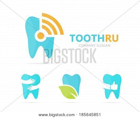 Vector of tooth and wifi logo combination. Dental and signal symbol or icon. Unique clinic and radio, internet logotype design template.