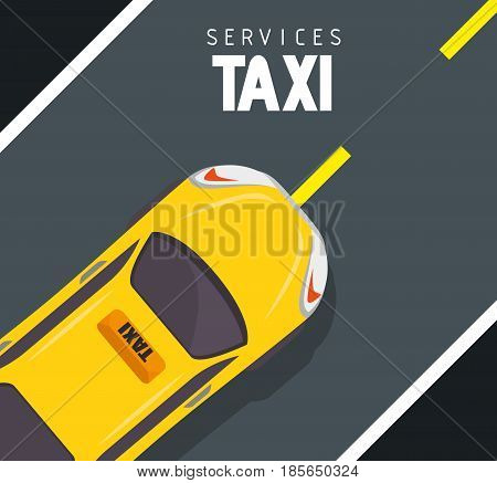 Seen from above, a yellow taxi cab and a street over black background. Vector illustration.