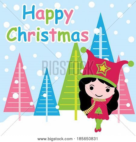 Cute girl is happy on colorful Xams tree background vector cartoon, Xmas postcard, wallpaper, and greeting card, T-shirt design for kids