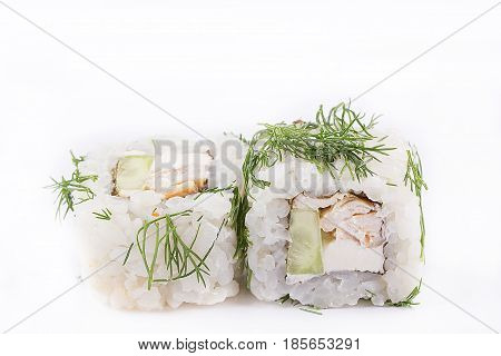 Japanese Cuisine, Sushi Set: Vegetarian Roll With Chicken Fillet, Cream Cheese, Cucumber, Greens On