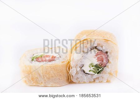 Japanese Cuisine, Sushi Set: Roll With Smoked Salmon, Cream Cheese, Green Onions, Egg Pancake On A W