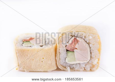 Japanese Cuisine, Sushi Set: Roll With Smoked Breast, Melted Cheese, Cucumber, Tomato, Egg Pancake O