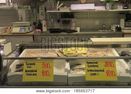 Oulu, Finland - April 11, 2017: stall with frozen fish on market in Oulu, Finland