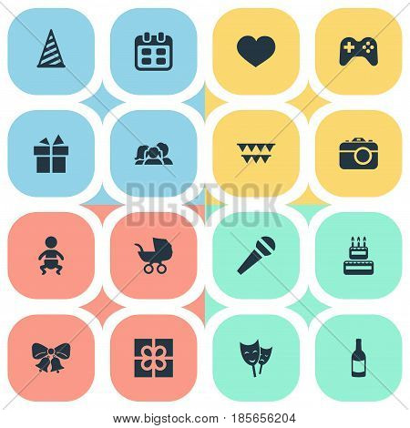 Vector Illustration Set Of Simple Holiday Icons. Elements Ribbon, Speech, Domestic And Other Synonyms Beverage, Kid And Present.