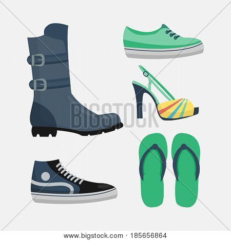 Set of womens shoes flat design vector collection of leather colored moccasins boots illustration. Wear for all seasons. For shoe store ad fashion concepts.