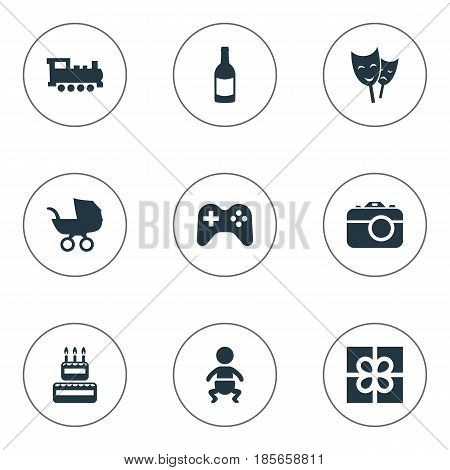 Vector Illustration Set Of Simple Celebration Icons. Elements Box, Game, Confectionery And Other Synonyms Gift, Cake And Actor.