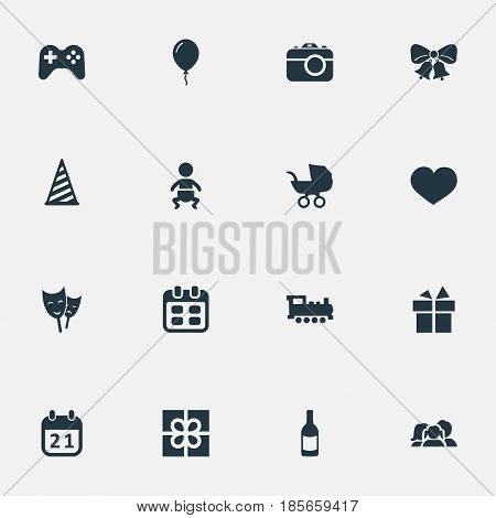 Vector Illustration Set Of Simple Birthday Icons. Elements Box, Aerostat, Resonate And Other Synonyms Aerostat, Stroller And Party.
