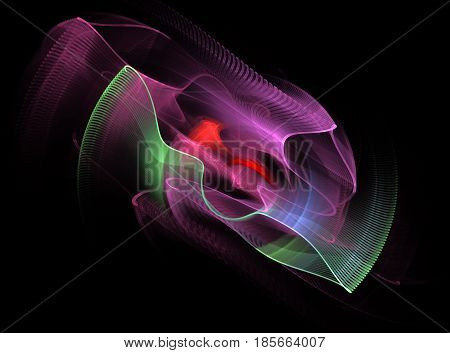 An abstract computer generated modern fractal design on dark background. Wavy motion and rotation pattern
